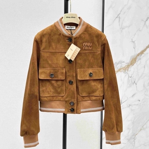 Miu Miu Jackets & Blazers - Miu Miu Brown Suede Cropped Bomber Jacket Logo Button Front Pockets